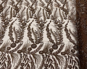 Brown - Feather and Vine Beaded Lace Fabric, by The Yard.