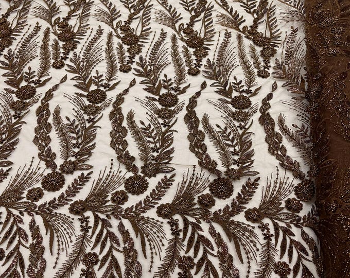 Brown - Feather and Vine Beaded Lace Fabric, by The Yard.