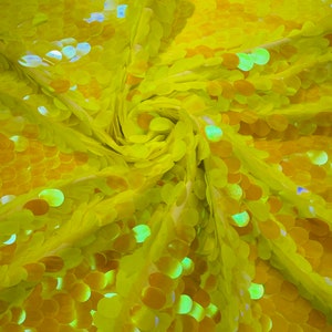 Yellow Iridescent Jumbo Sequins Oval Sequin Paillette/Tear Drop Mermaid Big Sequins Fabric On Yellow Mesh/ 54 Inches Wide.