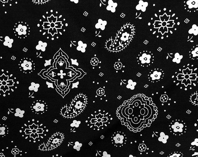 Black 58/59" Wide 65% Polyester 35 percent  Cotton Bandanna Print Fabric, Good for Face Mask Covers, Sold By The Yard.