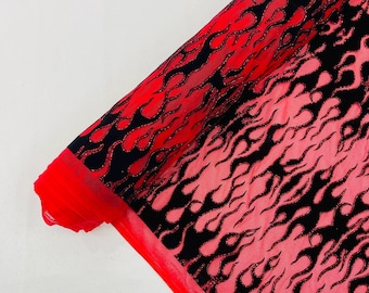 Red - Power Mesh with Black Flocking Flames and Red Glitter Fabric-60” Wide-Hot Rod.
