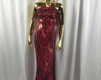 Burgundy 4 way Stretch power mesh lace embroidered with matt sequins-dresses-fashion-apparel-prom-nightgown-decorations-sold by the yard.