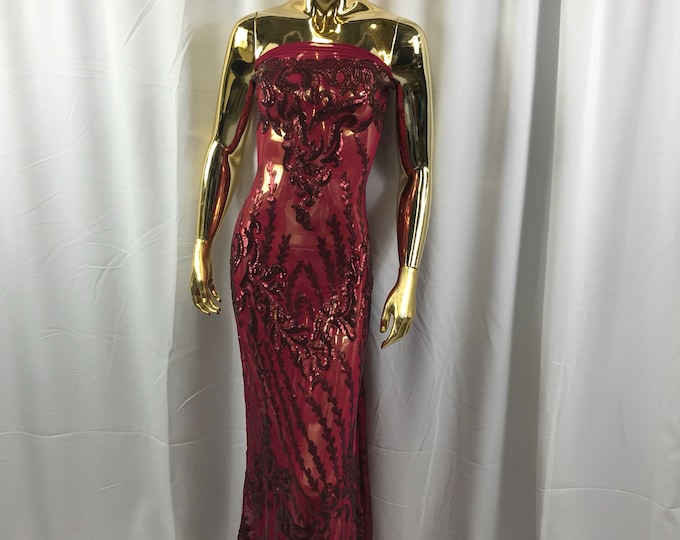 Burgundy 4 way Stretch power mesh lace embroidered with matt sequins-dresses-fashion-apparel-prom-nightgown-decorations-sold by the yard.