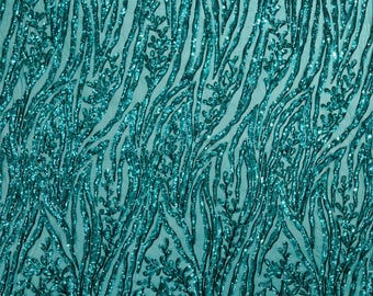 Teal Green - Vine/Root Sequin 4 Way Stretch Mesh Fabric, by The Yard.