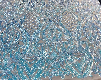 Aqua iridescent damask sequin design on a 4 way stretch nude mesh-dresses-prom-nightgown-sold by the yard-free shipping in the USA-