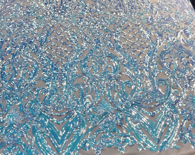 Aqua iridescent damask sequin design on a 4 way stretch nude mesh-dresses-prom-nightgown-sold by the yard-free shipping in the USA-