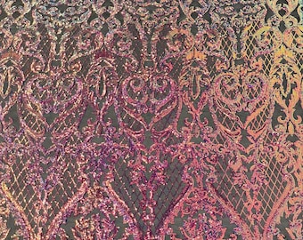 Deluxe damask Rainbow iridescent sequin design on Black 4 way stretch mesh fabric-prom-sold by the yard.