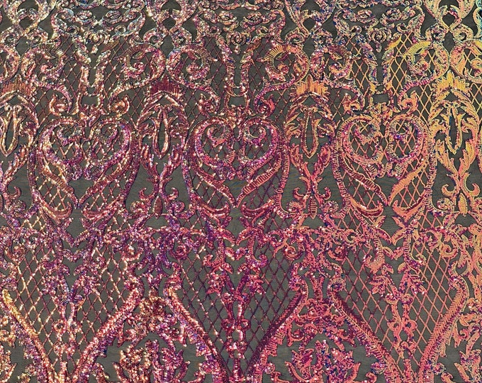 Deluxe damask Rainbow iridescent sequin design on Black 4 way stretch mesh fabric-prom-sold by the yard.