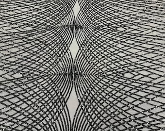 Black venom diamond web-embroider with sequins on a 4 way stretch mesh lace fabric-sold by the yard-