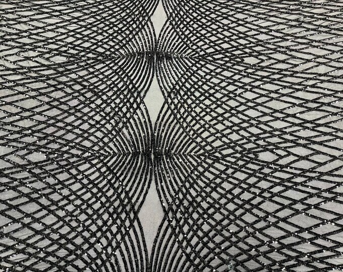 Black venom diamond web-embroider with sequins on a 4 way stretch mesh lace fabric-sold by the yard-
