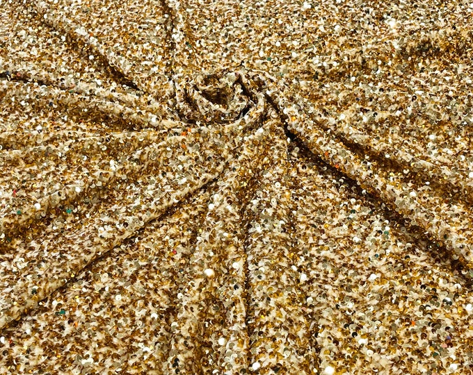 Gold 5mm sequins on a stretch velvet 2-way stretch, sold by the yard.