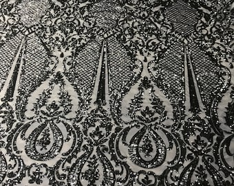 Navy blue princess design embroider with shiny sequins on a 4 way stretch power mesh-dresses-fashion-prom-nightgown-sold by the yard.