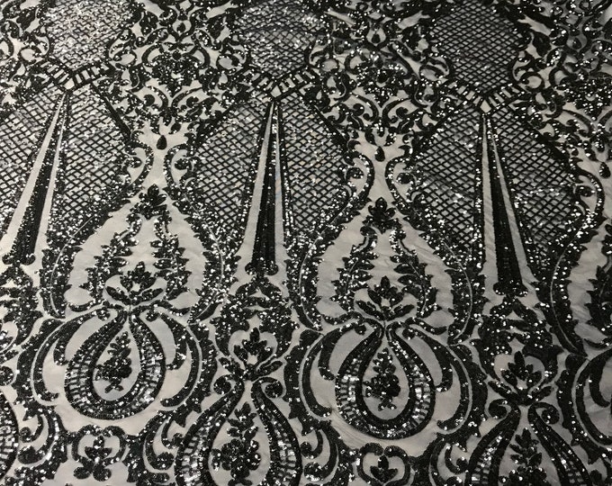 Navy blue princess design embroider with shiny sequins on a 4 way stretch power mesh-dresses-fashion-prom-nightgown-sold by the yard.