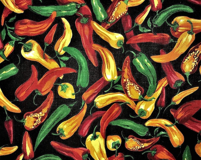 Multi color On Black 60" Wide Hot Chili Pepper Poly Cotton Print Fabric Sold By The Yard.