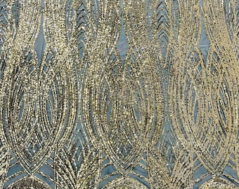 Gold Feather damask shiny sequin design on a Black 4 way stretch mesh Fabric-prom-sold by the yard.