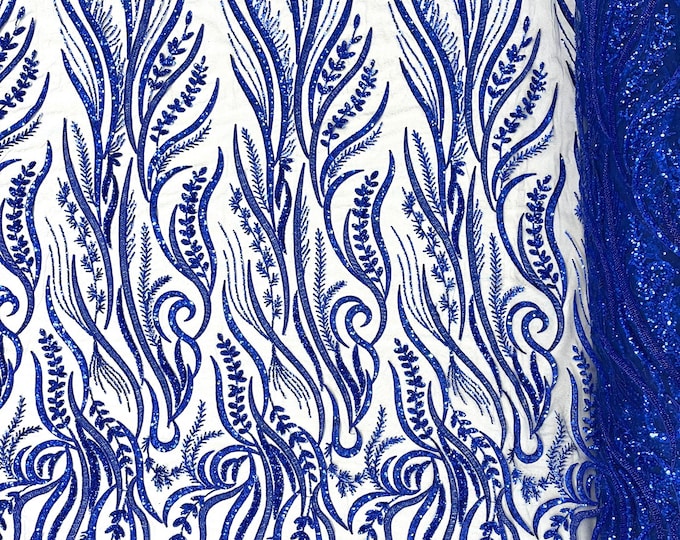 Royal blue feather damask embroider with sequins and heavy beaded on a mesh lace fabric-sold by the yard-