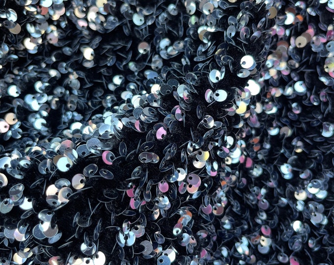 Silver On Black  stretch velvet with luxury sequins all over 5mm shining sequins 2-way stretch, sold by the yard.