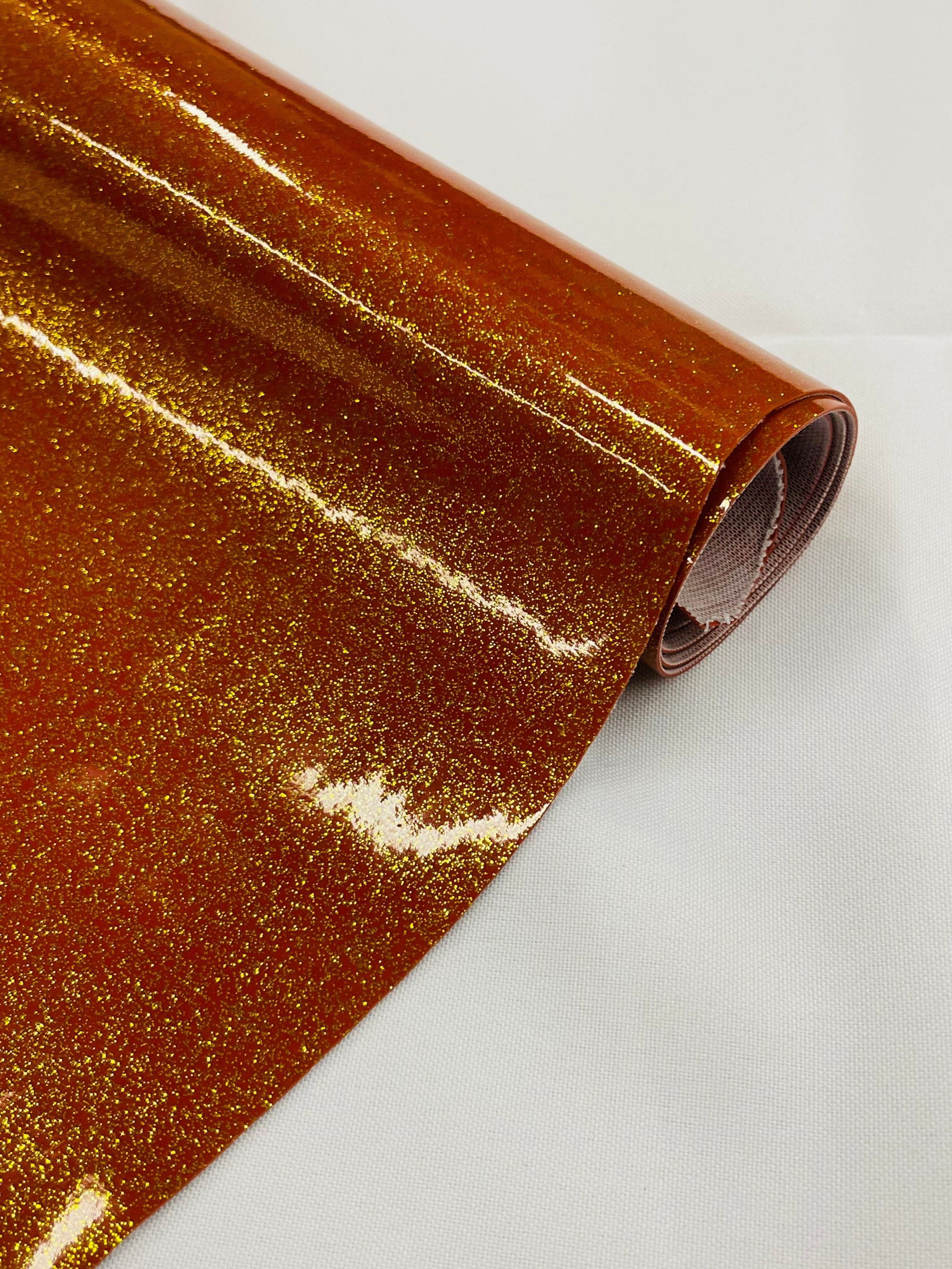 Burnt Orange 53/54 Wide Shiny Sparkle Glitter Vinyl, Faux Leather PVC- Upholstery Craft Fabric by The Yard.