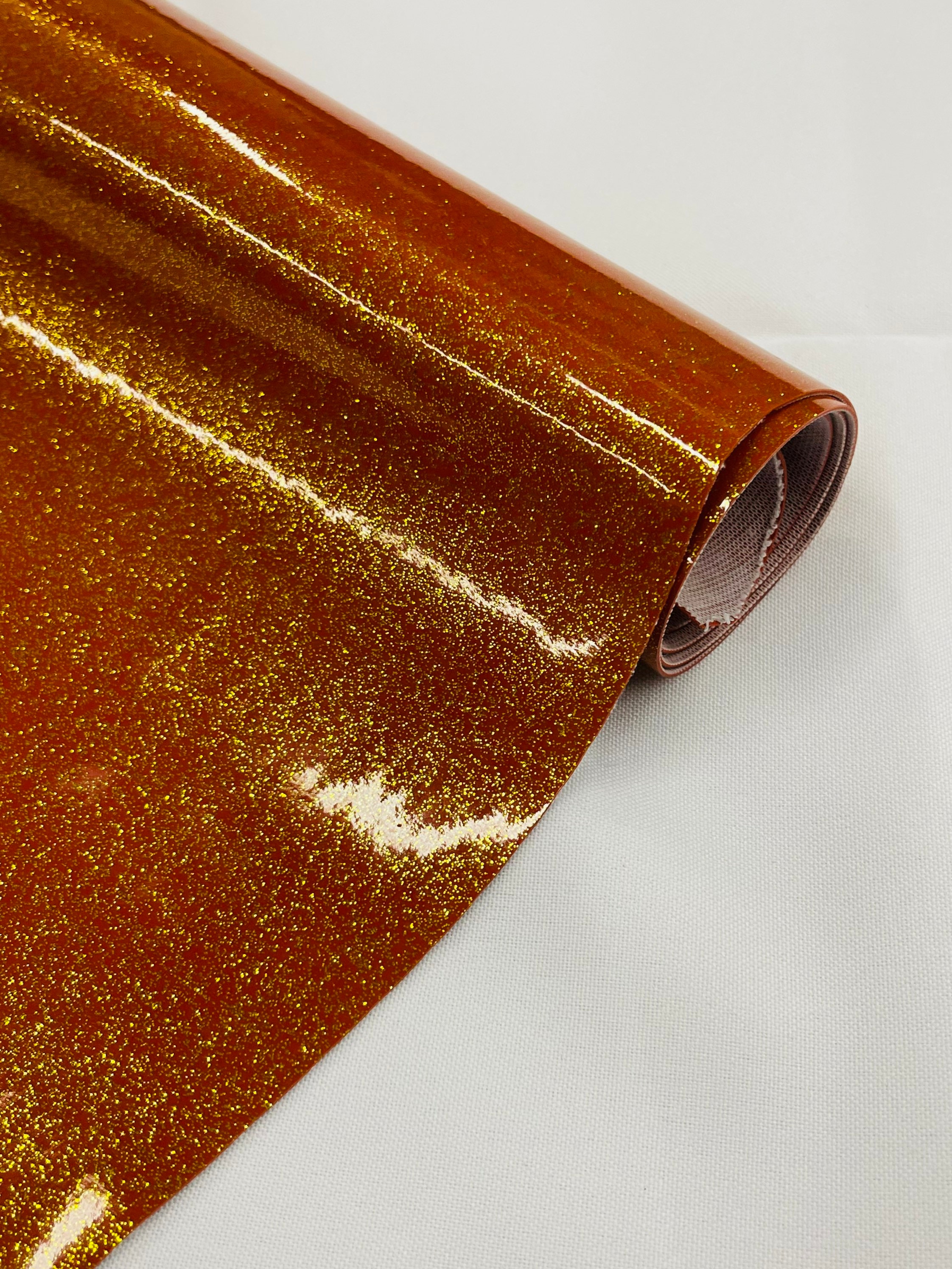 Burnt Orange 53/54 Wide Shiny Sparkle Glitter Vinyl, Faux Leather PVC- Upholstery Craft Fabric by The Yard.