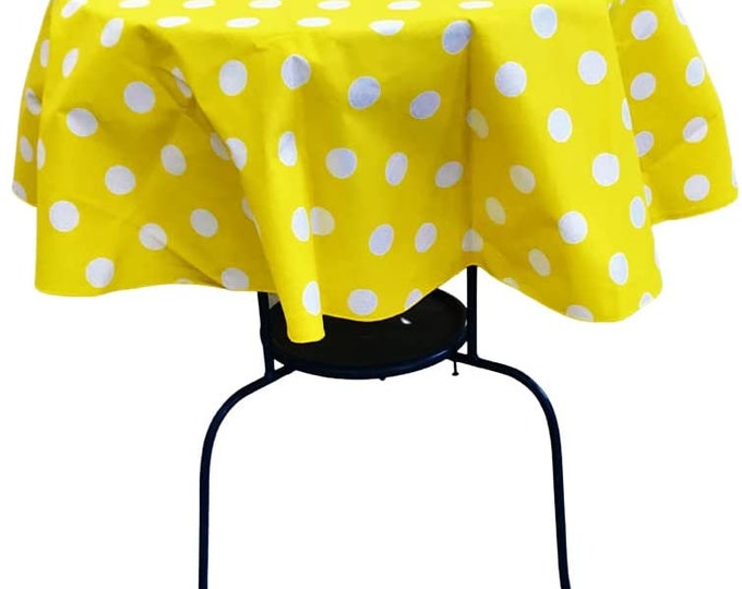 New Creations Fabric & Foam Inc, Round Poly Cotton Print Tablecloth (Polka Dot White on Yellow. Choose Size Below