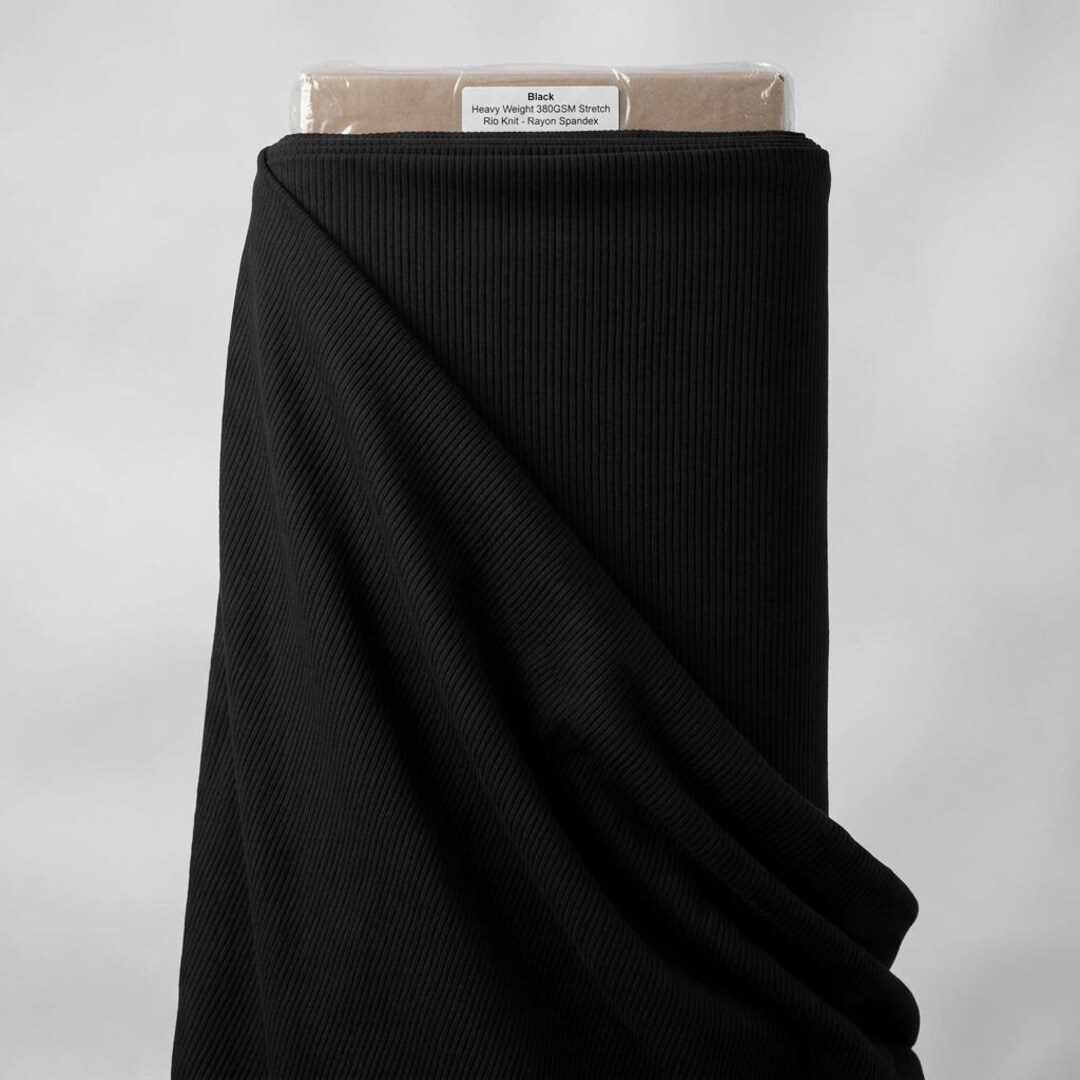 Midge Stretch Rib Black Heavy Weight 380GSM Stretch Rib Knit Fabric by the Yard | Rayon ...