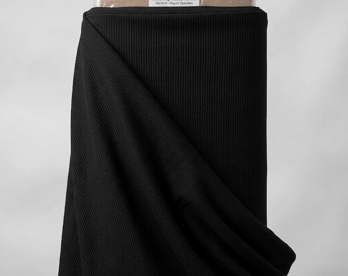 Black Heavy Weight 380GSM Stretch Rib Knit Fabric By The Yard | Rayon Spandex Ribbed Knit for Dresses, Leggings & Apparel