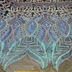 Aqua Blue Iridescent Royalty Sequin Design on a Black 4 Way Stretch ...