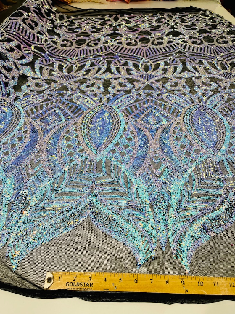 Fringe Sequins Design On A Black 4 Way Stretch Mesh Prom Fabric (1 Yard, Aqua Iridescent on Black Mesh) main image 0
