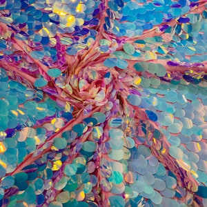 Aqua Blue Iridescent Jumbo Sequins Oval Sequin Paillette/Tear Drop Mermaid Big Sequins Fabric On Pink Mesh/ 54 Inches Wide.