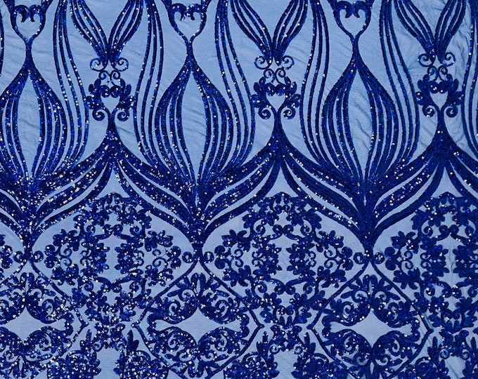 Royal Blue Hologram sequin damask design on a 4 way stretch mesh-sold by the yard.