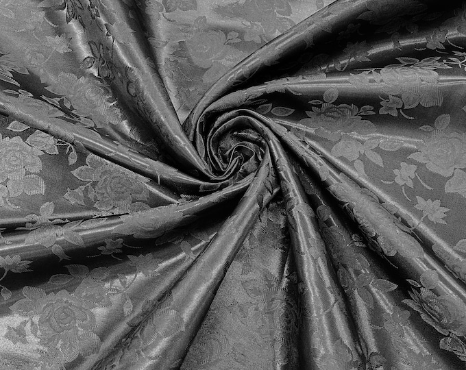 Charcoal Gray 60" Wide Polyester Big Roses/Flowers Brocade Jacquard Satin Fabric/Cosplay Costumes, Skirts, Table Linen/Sold By The Yard.