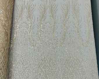 Blush feathers damask embroider and heavy beaded on a mesh lace fabric-sold by the yard-