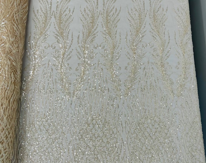 Blush feathers damask embroider and heavy beaded on a mesh lace fabric-sold by the yard-