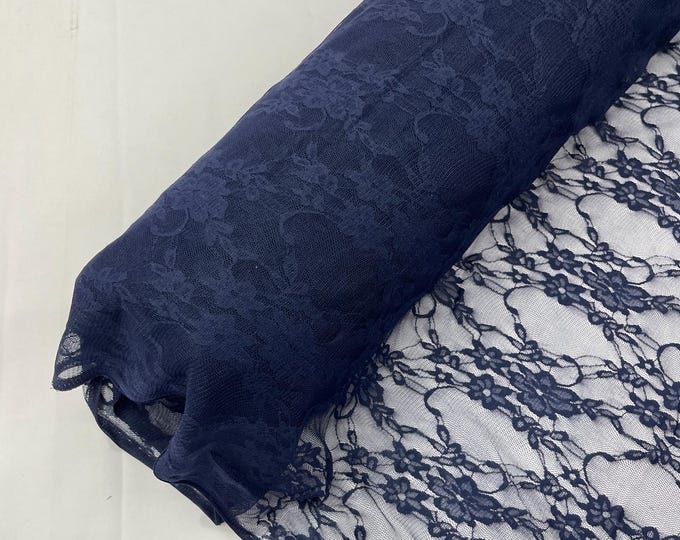 Navy Blue Floral Vintage 4-Way Stretch Lace by the yard.