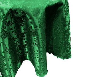 Kelly Green Round Tablecloth Roses Jacquard Satin Overlay for Small Coffee Table Seamless.