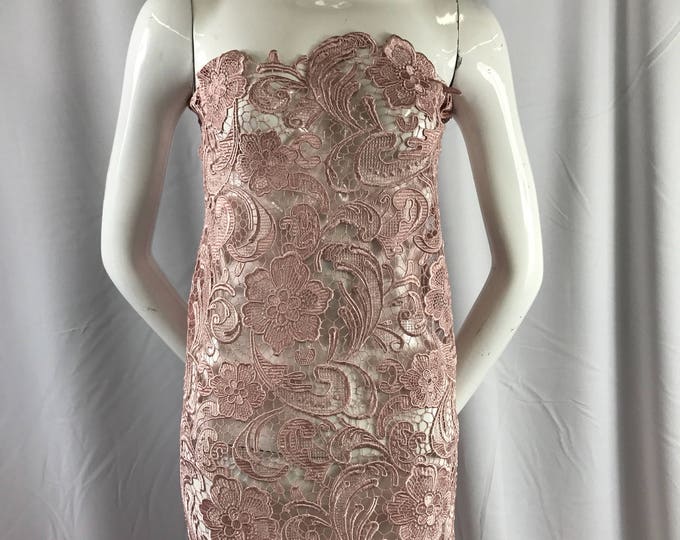 Fascinating dusty rose light weight guipure design-prom-nightgown-decorations-apparel-fashion-dresses-sold by the yard.