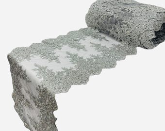 SILVER METALLIC 14"Wide X 90"Long  Sequins Gold Metallic Embroidered Lace on Mesh Fabric, Trim Lace, Table Runner.