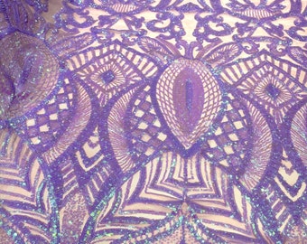 Lavender iridescent royalty sequin design on a 4 way stretch mesh-prom-sold by the yard.
