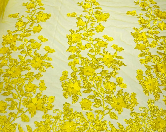 Bright Yellow Emily 3d floral design embroider with pearls in a mesh lace-sold by the yard.