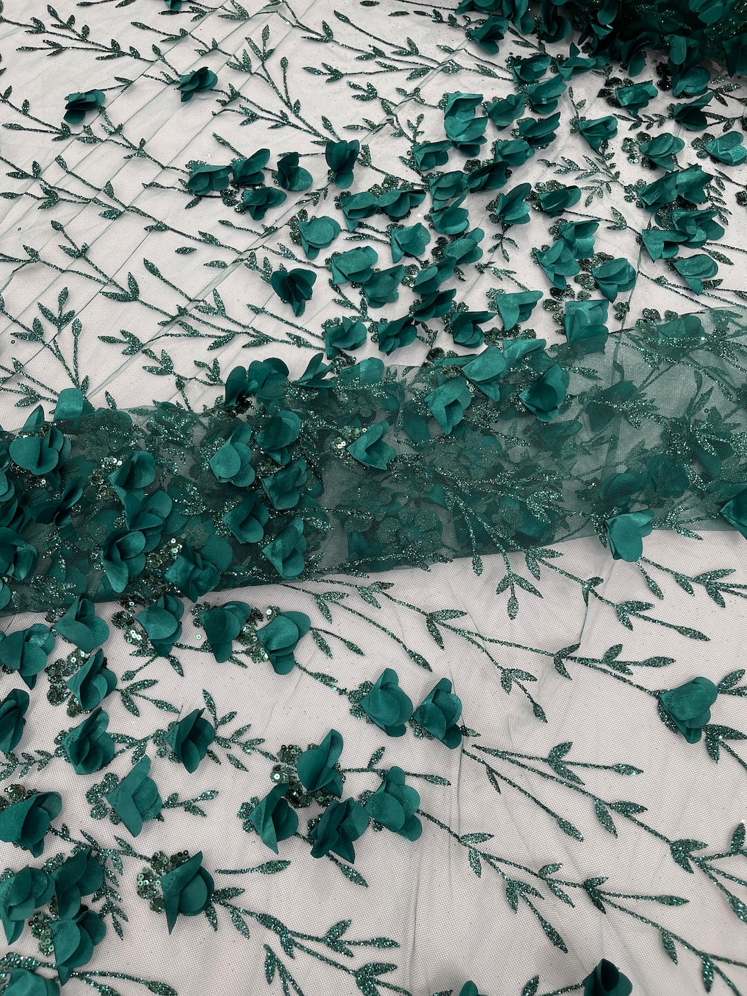 Hunter Green 3D Satin Floral Glitter Sequin Fabric/prom/wedding Lace ...