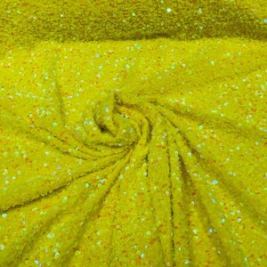 Yellow Iridescent / Yellow stretch velvet with luxury sequins all over 5mm shining sequins 2-way stretch, sold by the yard.