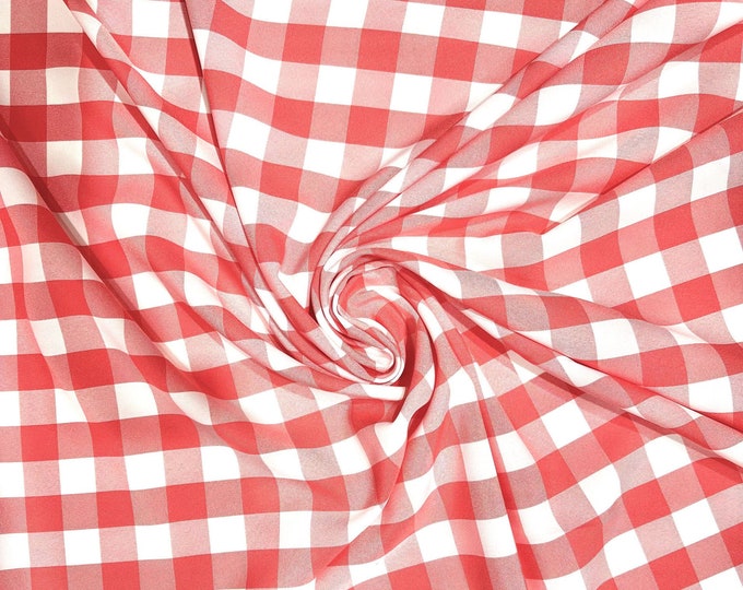 Coral & White, 60" Wide 100% Polyester 1" Poplin Gingham Checkered Plaid Fabric.