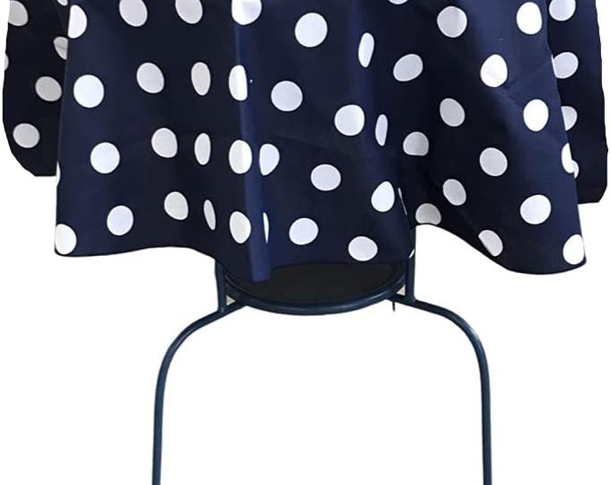 New Creations Fabric & Foam Inc, Round Poly Cotton Print Tablecloth (Polka Dot White on Navy. Choose Size Below