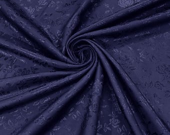 Navy Blue 58" Wide Polyester Flower Brocade Jacquard Satin Fabric, Wedding, Dressmaking