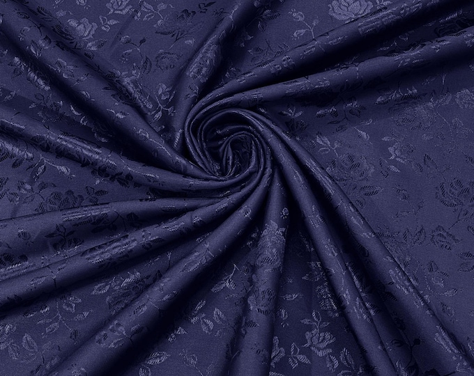 Navy Blue 58" Wide Polyester Flower Brocade Jacquard Satin Fabric, Wedding, Dressmaking
