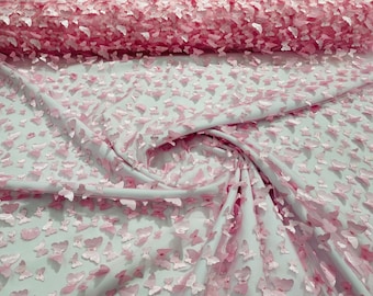 Pink 3D butterfly metallic design embroider on a mesh fabric - Sold By the Yard .