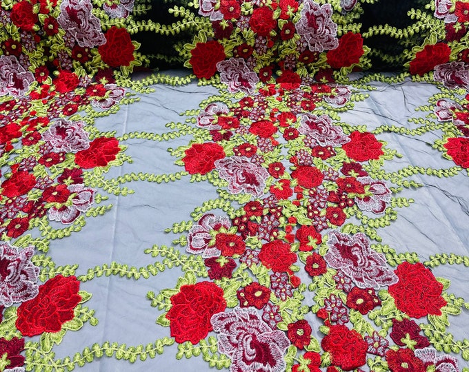 Red roses multi color floral design embroider on a black mesh lace fabric-sold by the yard.