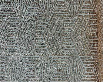 Rose gold geometric design embroider with sequins on a 4 way Stretch ivory power mesh-dresses-nightgown-prom-fashion-sold by yard.