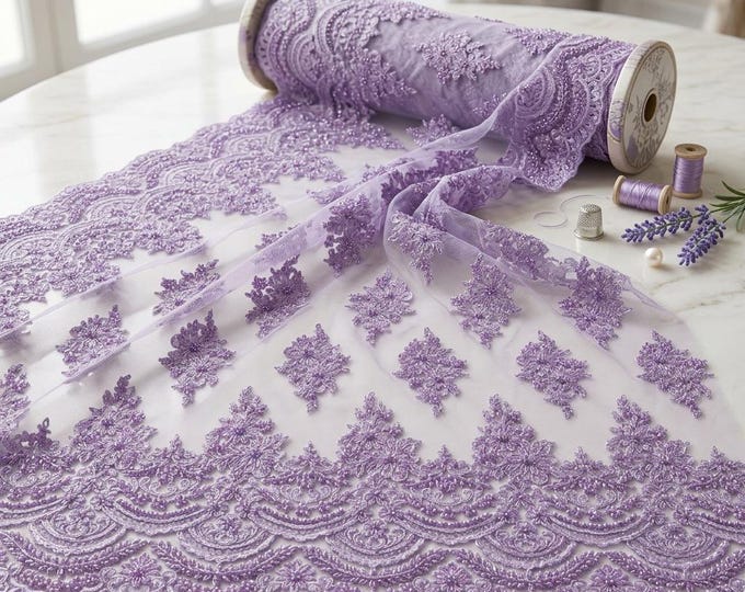 Lavender Beaded Lace Fabric by the Yard, Floral Embroidered Mesh Lace for Bridal Wedding & Prom Dresses
