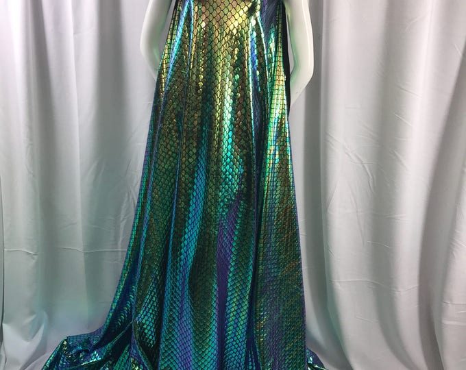 Aqua multi color hologram mermaid fish scales 2way stretch spandex-dresses-apparel-fashion-dancewear-leggings-sold by yard.